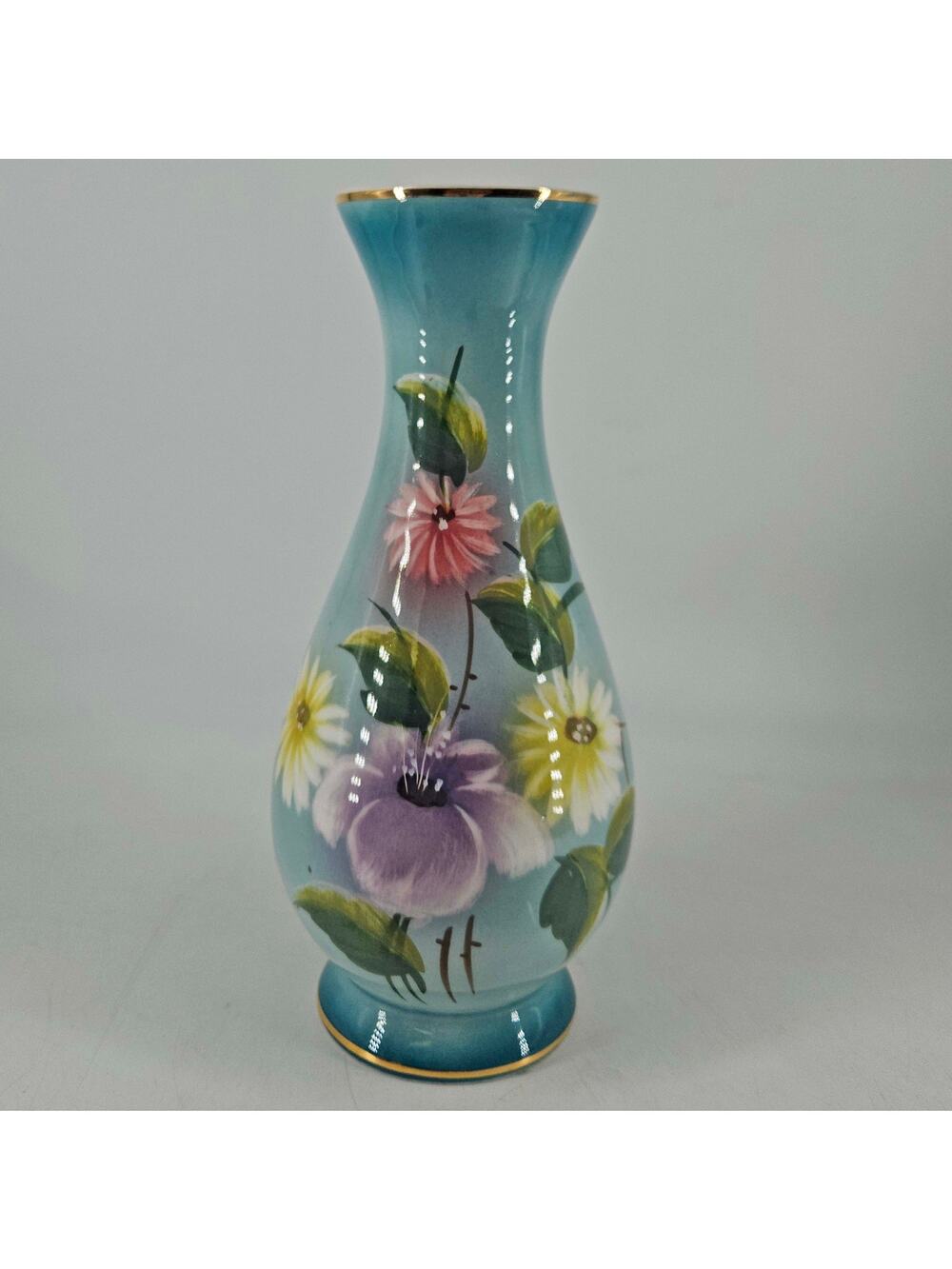 Vintage blue turquoise ceramic Hand made Painted floral vase Portugal